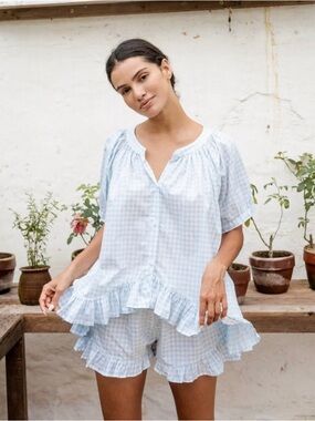 Piyama Light Blue Gingham Ruffle Pajama Set size L